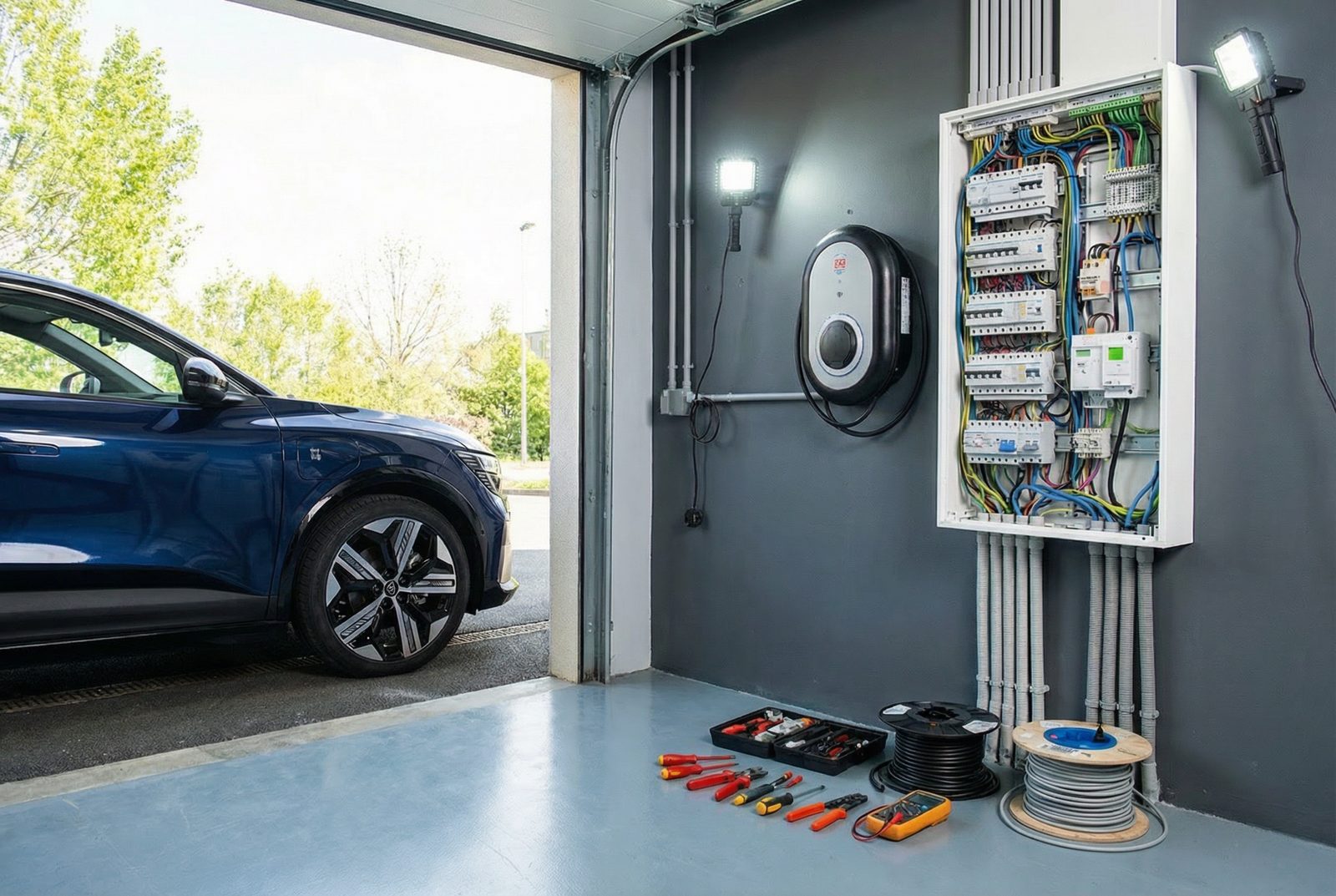 Installation complète borne IRVE dans un garage avec tableau électrique à Montpellier